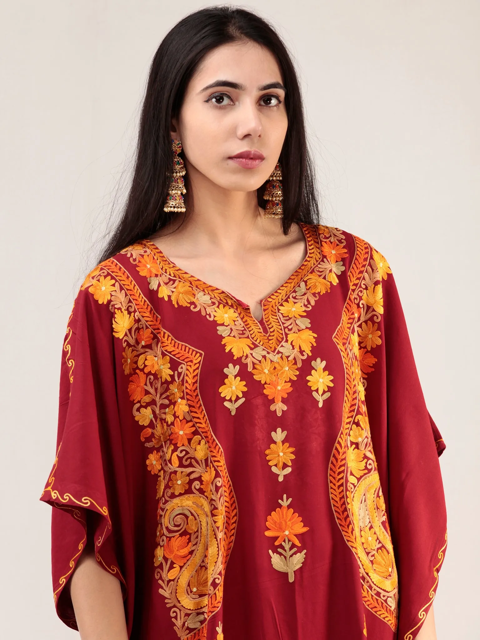 Maroon Aari Embroidered Kashmere Free Size Kaftan  - K12K045