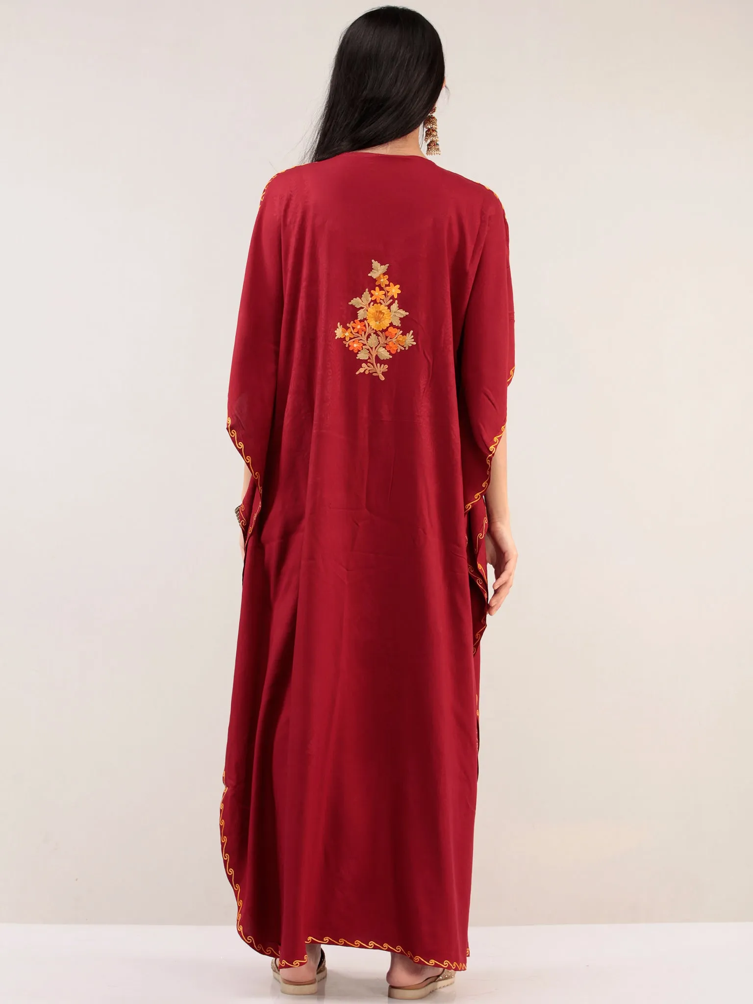 Maroon Aari Embroidered Kashmere Free Size Kaftan  - K12K045