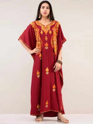 Maroon Aari Embroidered Kashmere Free Size Kaftan  - K12K045