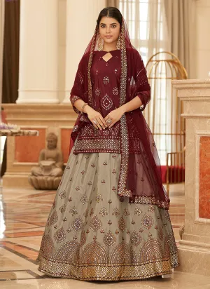 Maroon And Copper Embroidered Lehenga Kurti