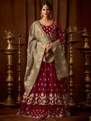 Maroon And Golden Embroidered Wedding Anarkali Lehenga Suit