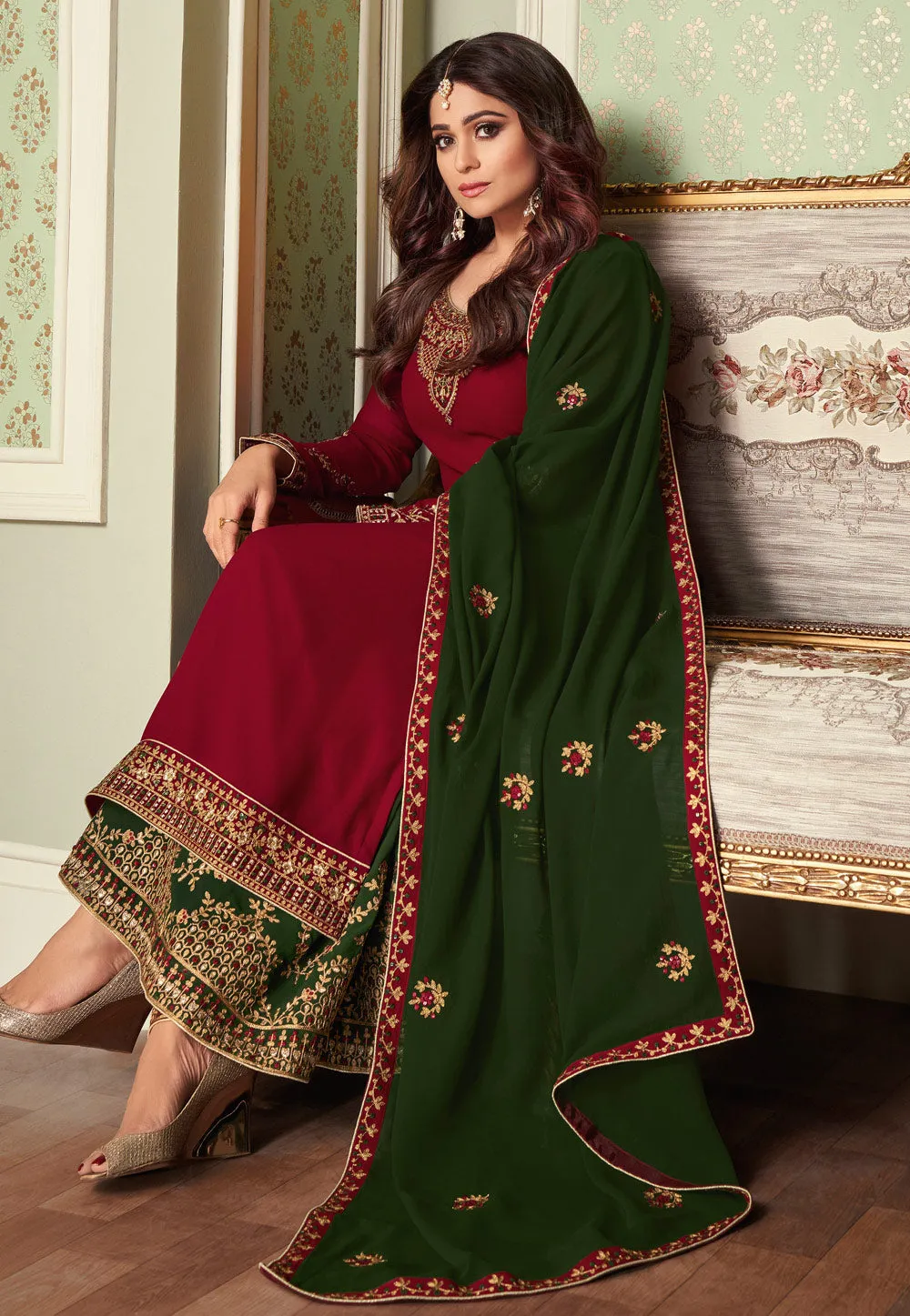 Maroon And Green Embroidered Ethnic Palazzo Suit