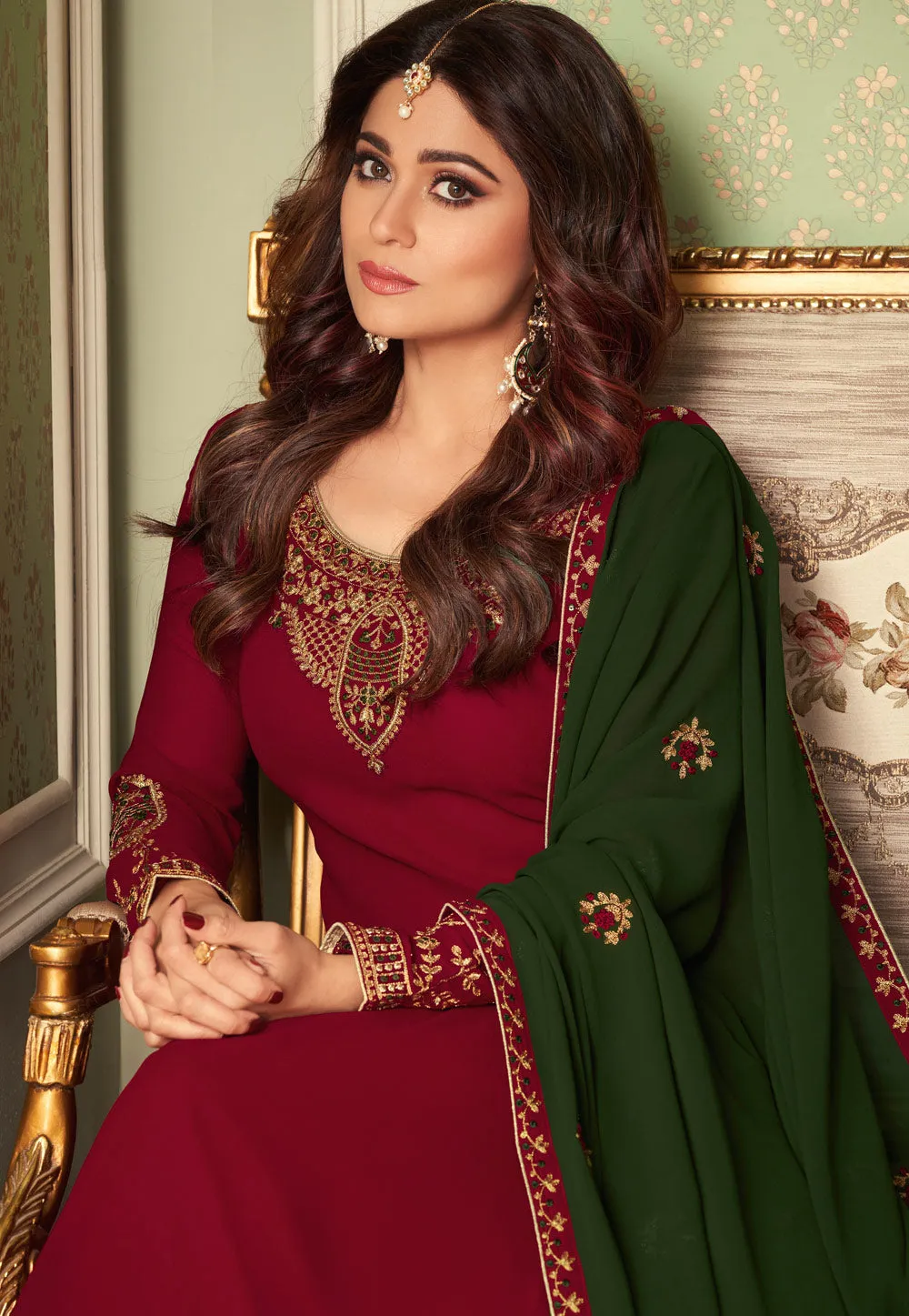 Maroon And Green Embroidered Ethnic Palazzo Suit