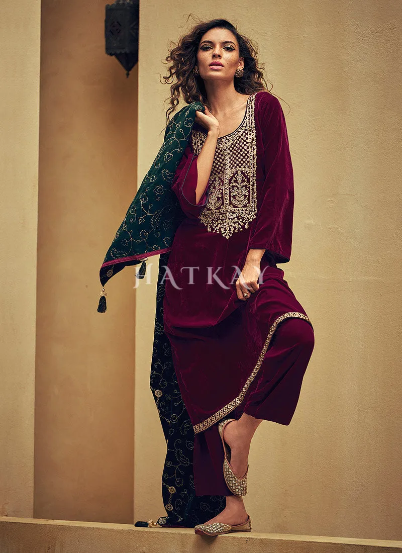 Maroon And Green Embroidered Velvet Pant Suit