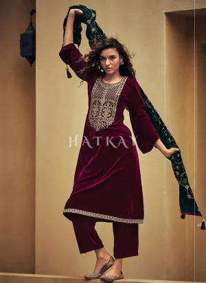 Maroon And Green Embroidered Velvet Pant Suit