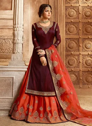 Maroon And Orange Dual Bottom Lehenga/Pant Kurti Set