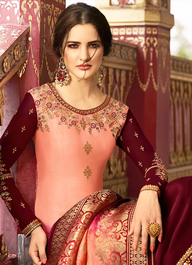 Maroon And Peach Pakistani Pant Suit