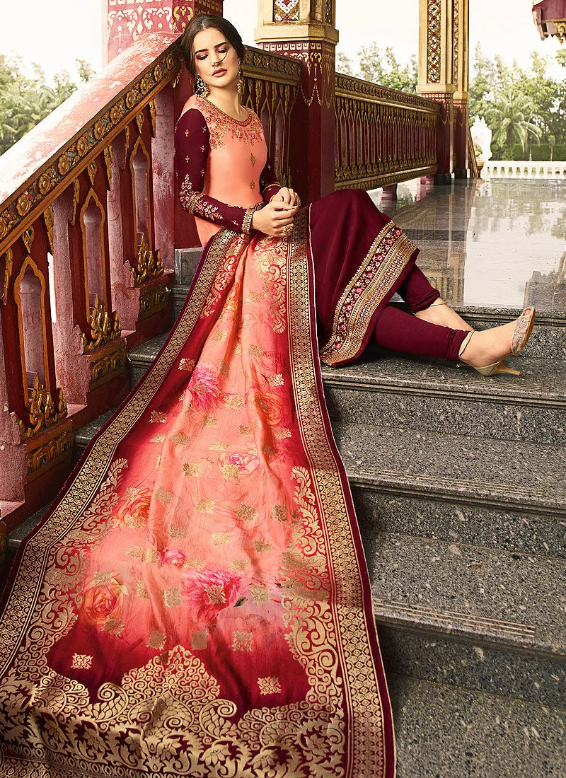 Maroon And Peach Pakistani Pant Suit