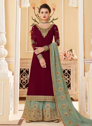 Maroon And Teal Embroidered Palazzo Suit