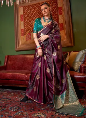 Maroon And Teal Zari Woven Satin Silk Saree