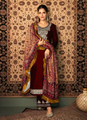 Maroon And Yellow Velvet Pakistani Suit