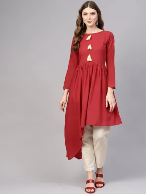 Maroon Asyemmetric Gathered Kurta With Round Neck Full Sleeves