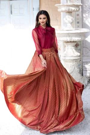 Maroon Banarsi Lehenga with Embellished Organza Shirt (Alexandra)