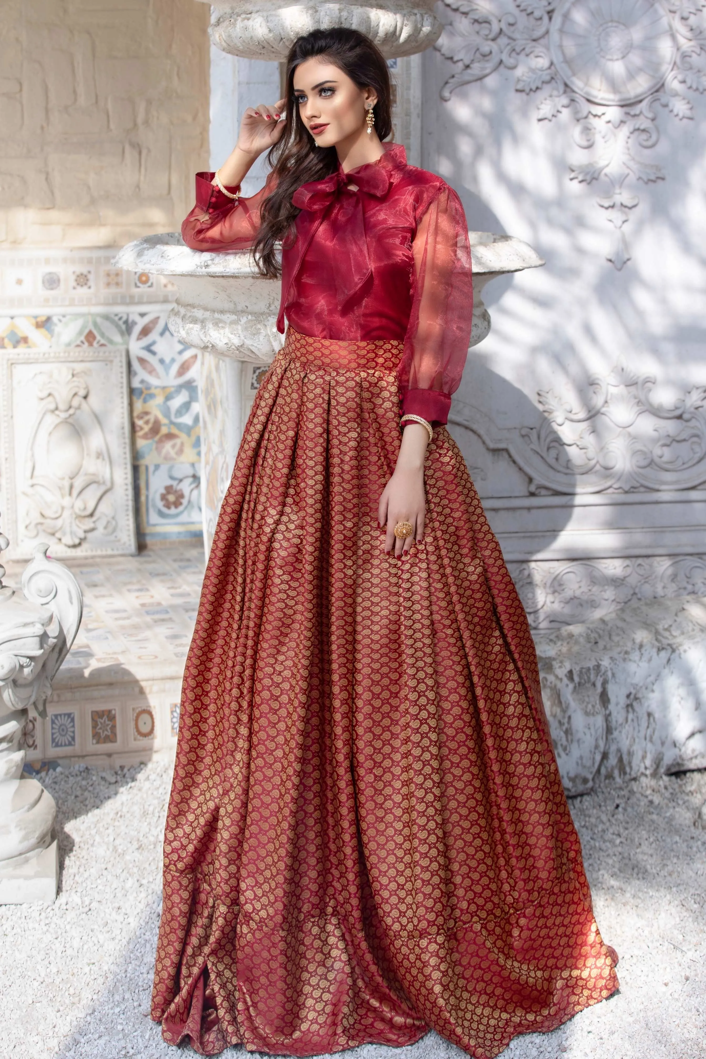 Maroon Banarsi Lehenga with Embellished Organza Shirt (Alexandra)