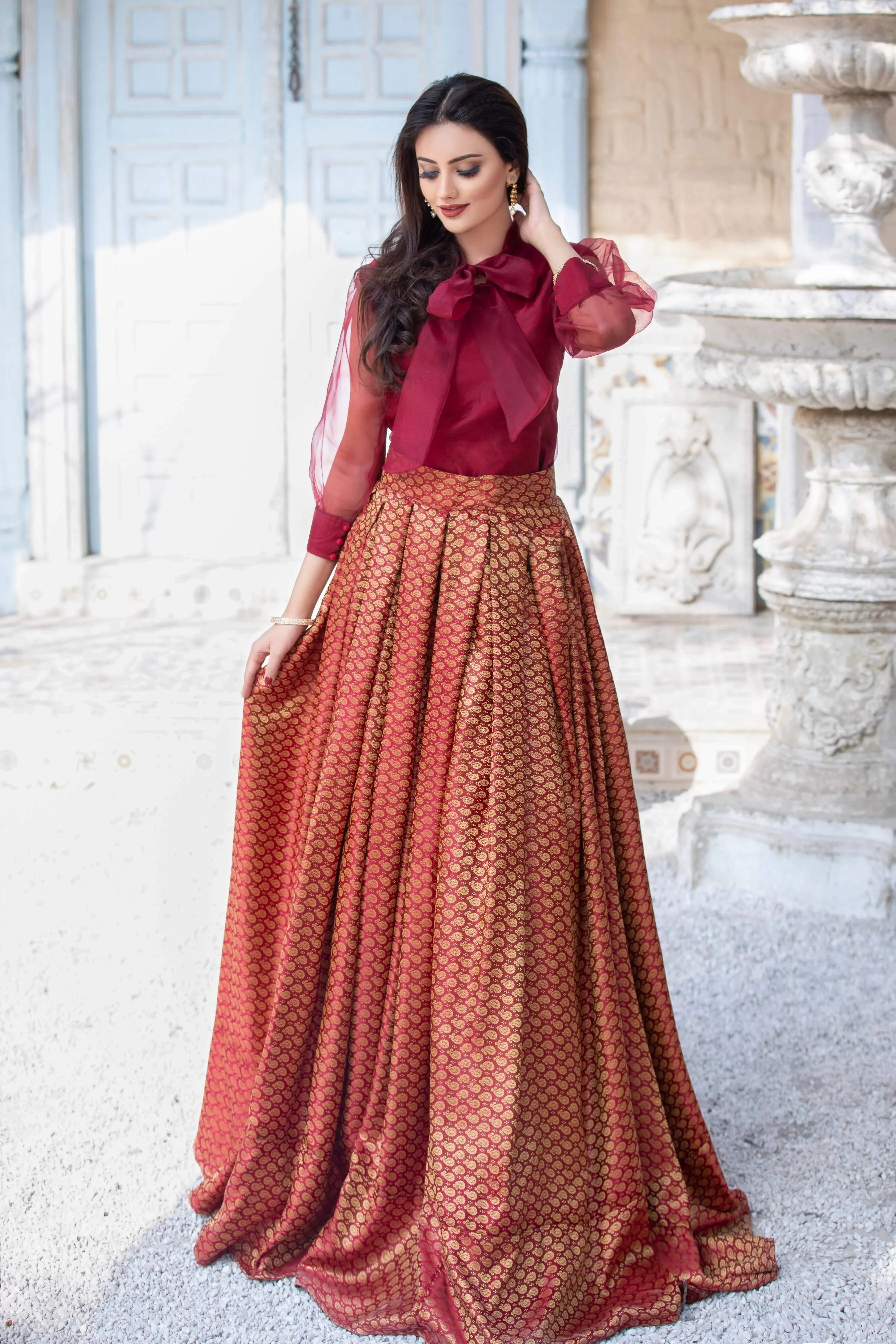 Maroon Banarsi Lehenga with Embellished Organza Shirt (Alexandra)