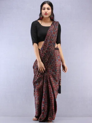 Maroon Beige Black Indigo Ajrakh Hand Block Printed Modal Silk Saree - S031704449