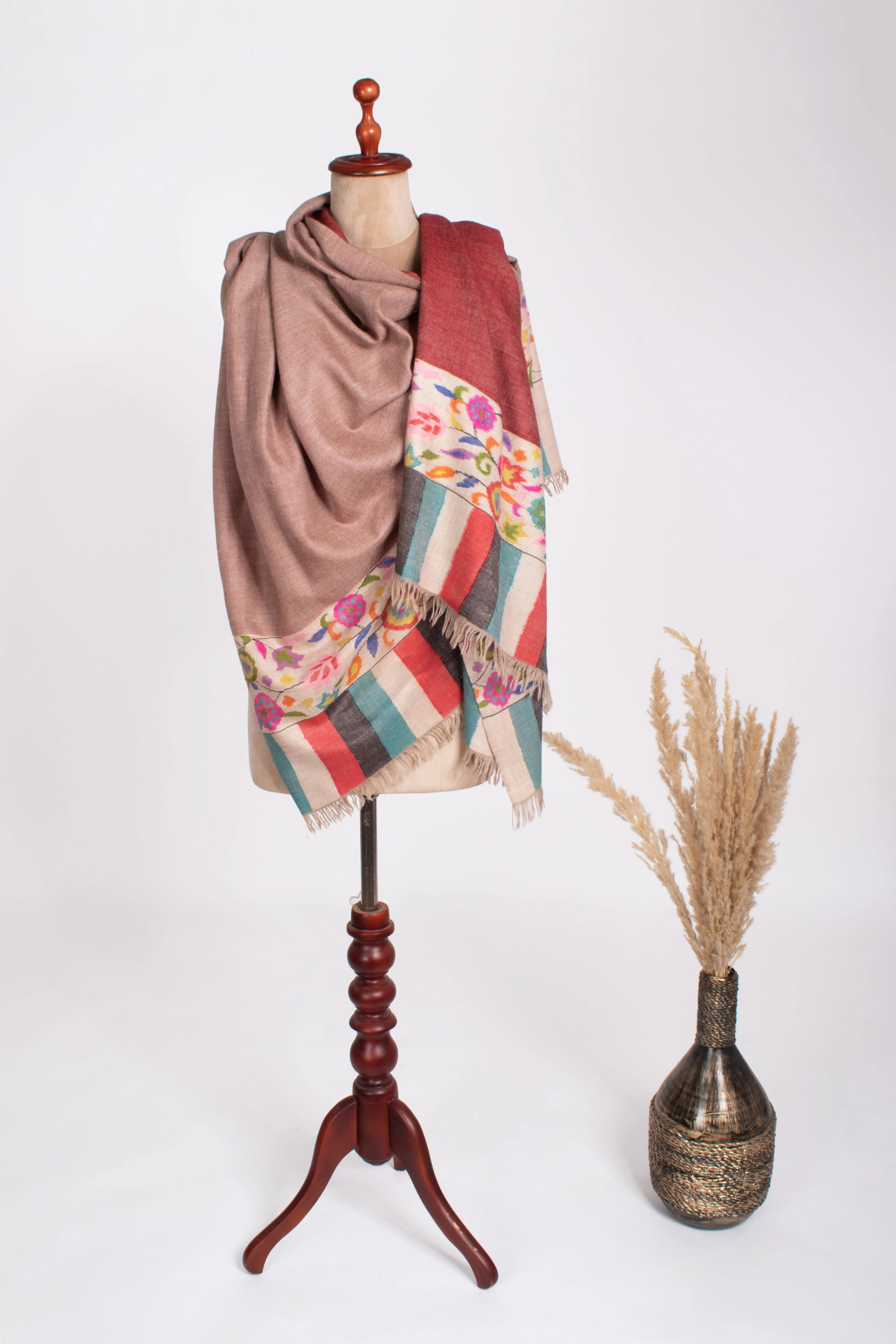 Maroon Beige Dorukha Kani  Evening Pashmina Shawl