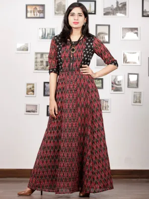 Maroon Black Handloom Mercerised Ikat Long Cotton Princess Cut Dress - D279F1415