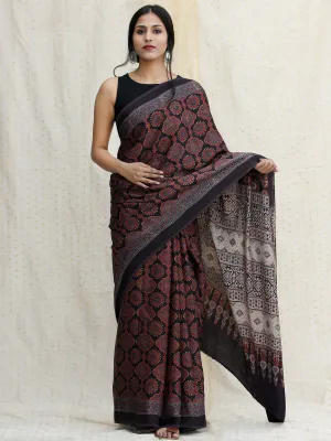 Maroon Black Indigo Ajrakh Hand Block Printed Modal Silk Saree - S031704121