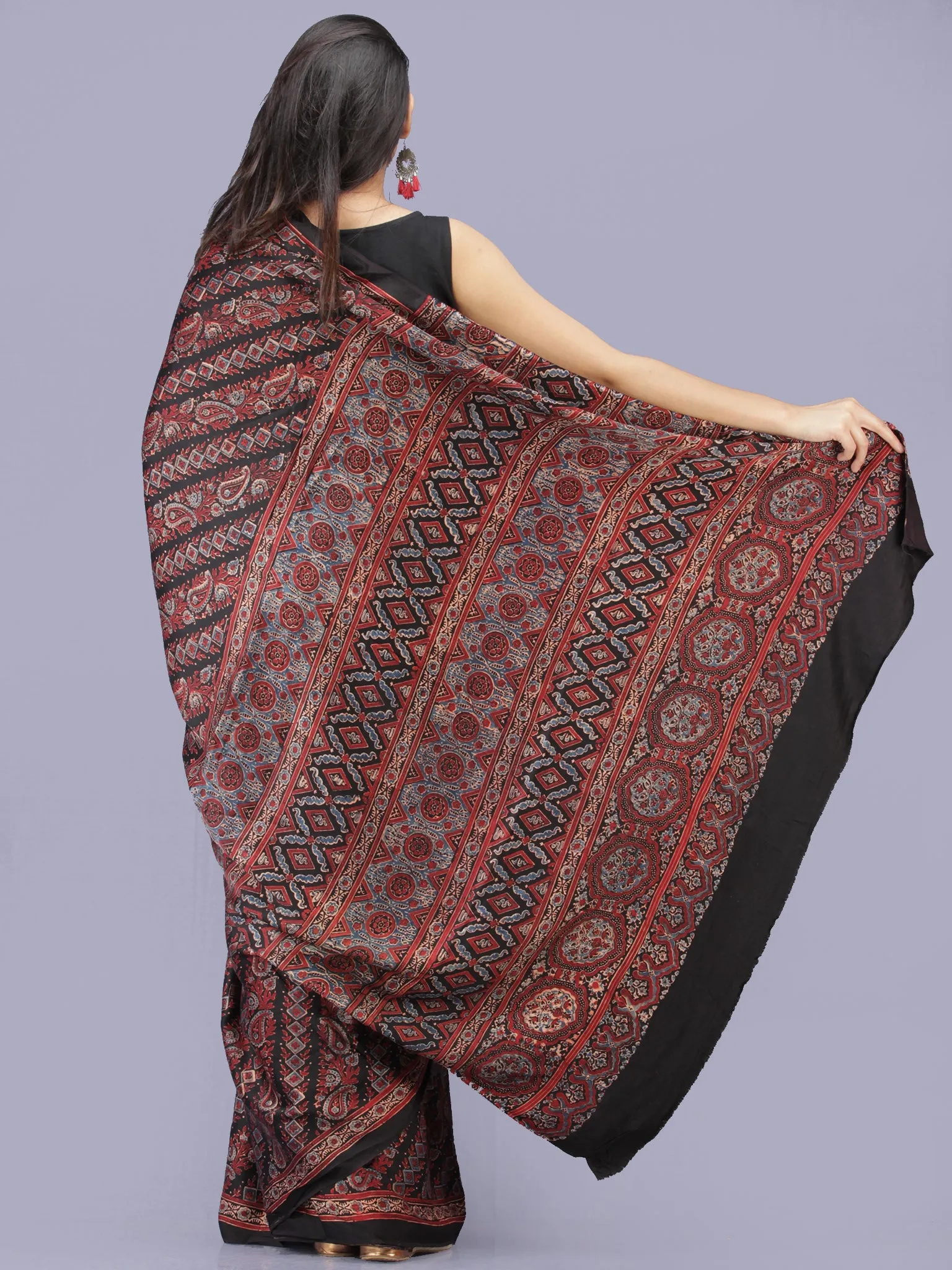 Maroon Black Indigo Ajrakh Hand Block Printed Modal Silk Saree - S031704200