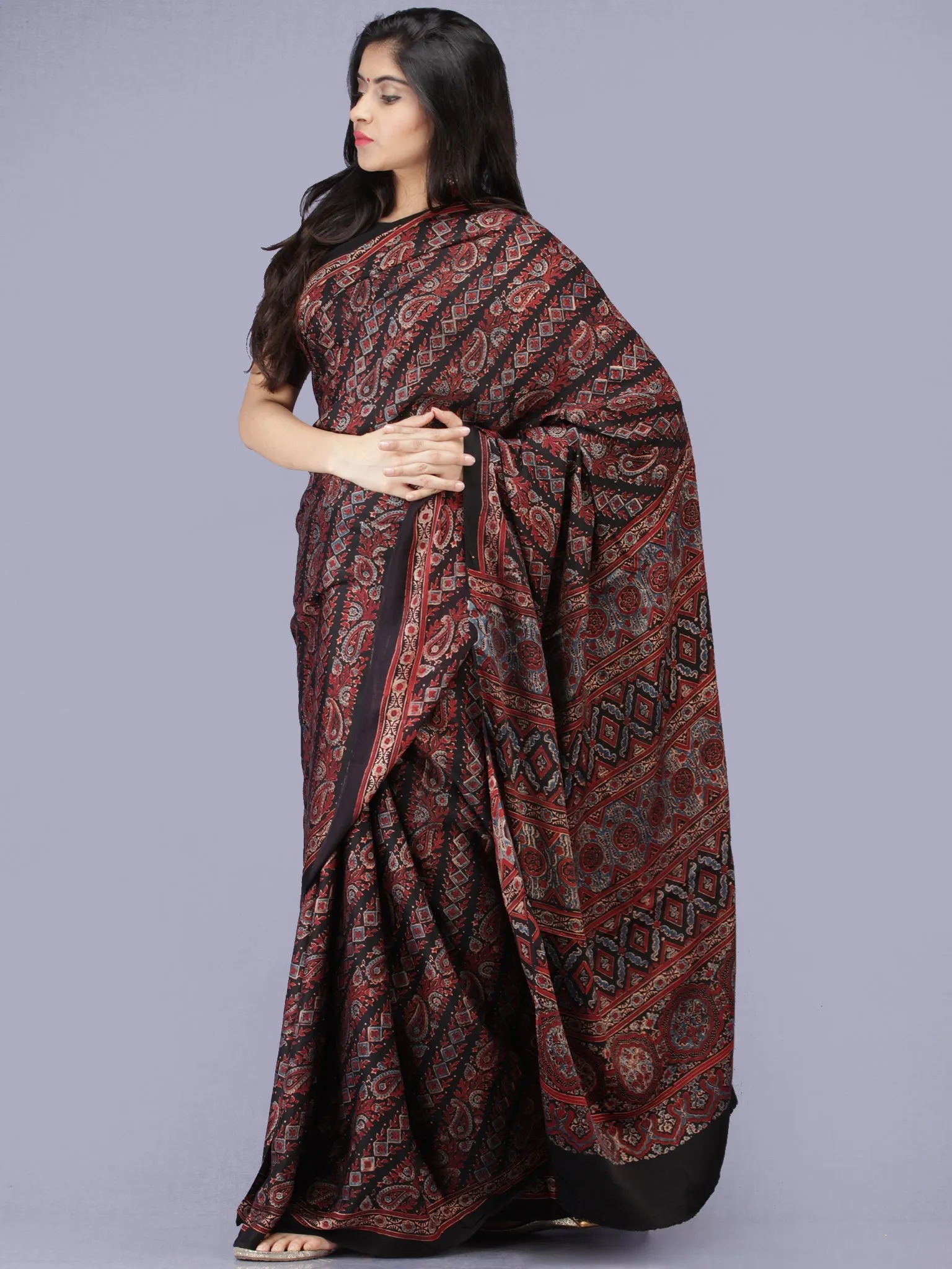 Maroon Black Indigo Ajrakh Hand Block Printed Modal Silk Saree - S031704200