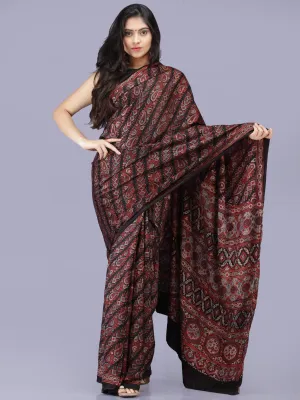 Maroon Black Indigo Ajrakh Hand Block Printed Modal Silk Saree - S031704200