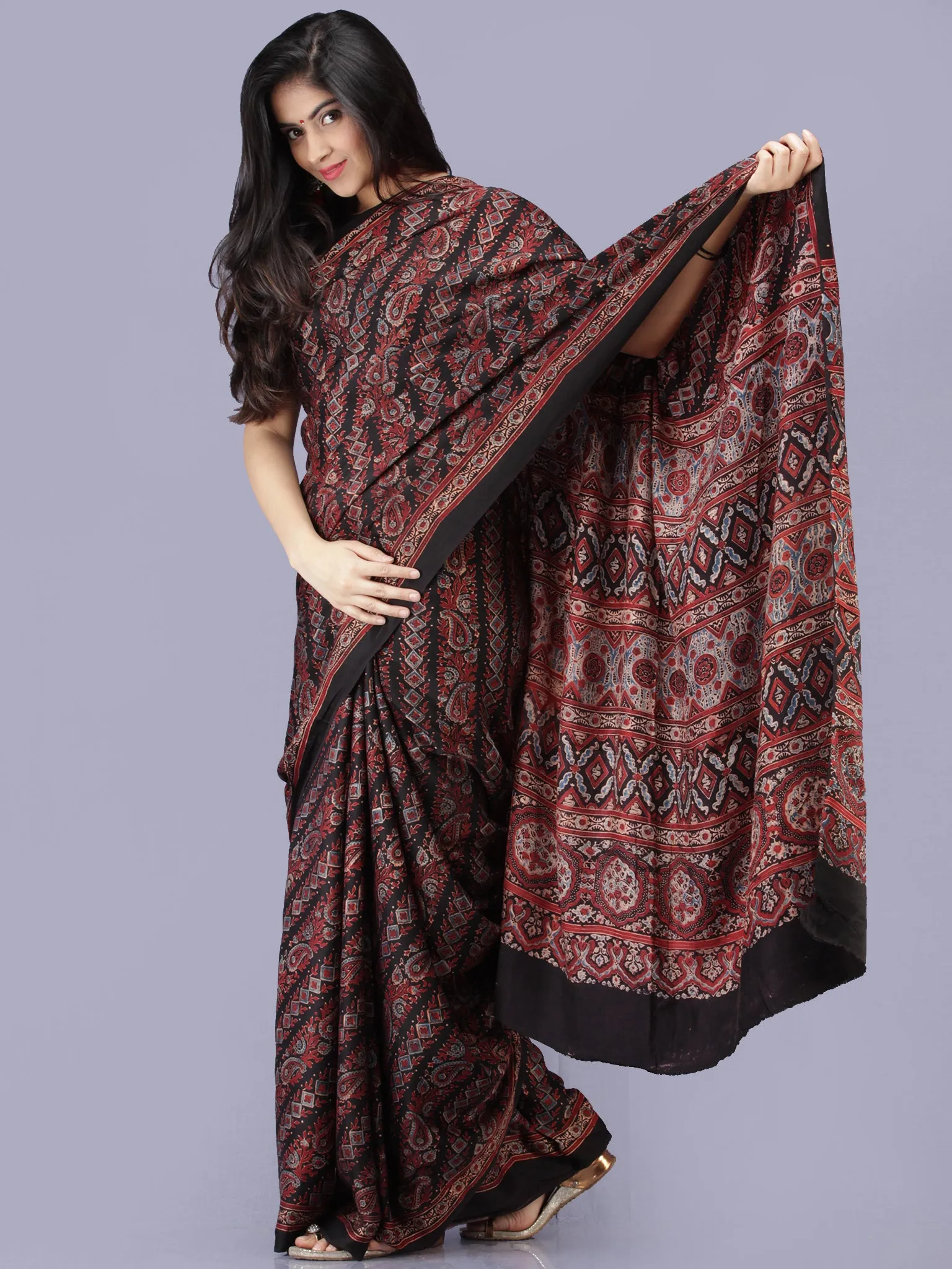 Maroon Black Indigo Ajrakh Hand Block Printed Modal Silk Saree - S031704200