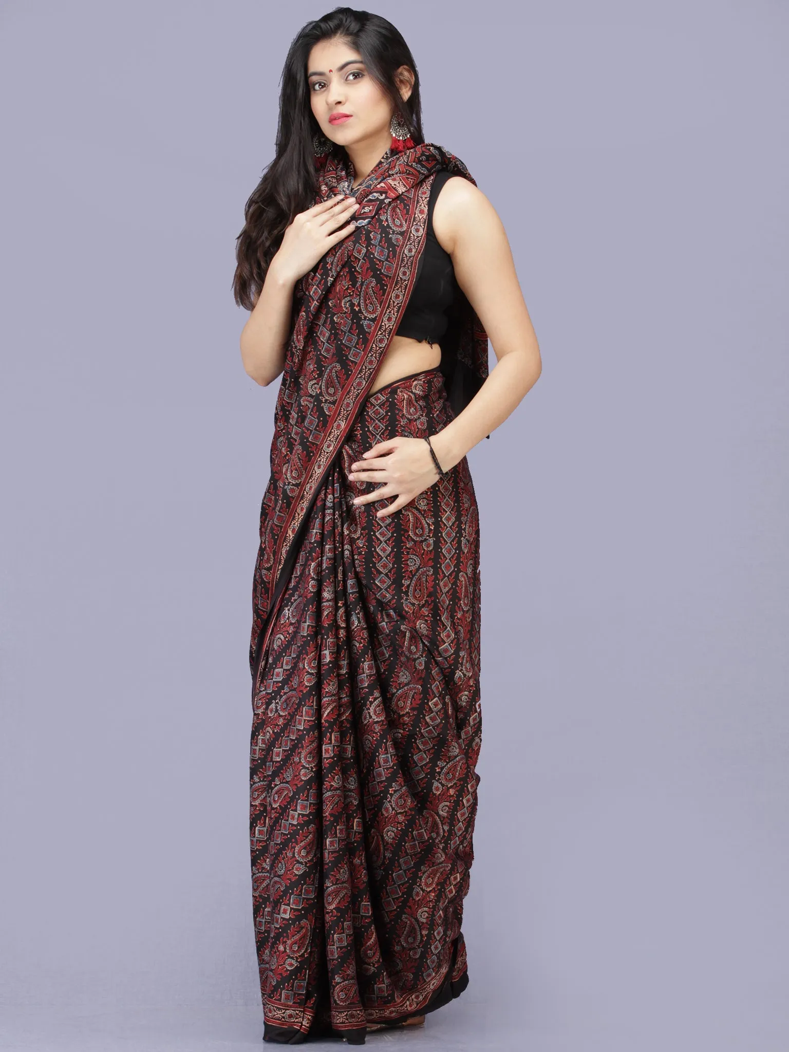 Maroon Black Indigo Ajrakh Hand Block Printed Modal Silk Saree - S031704200