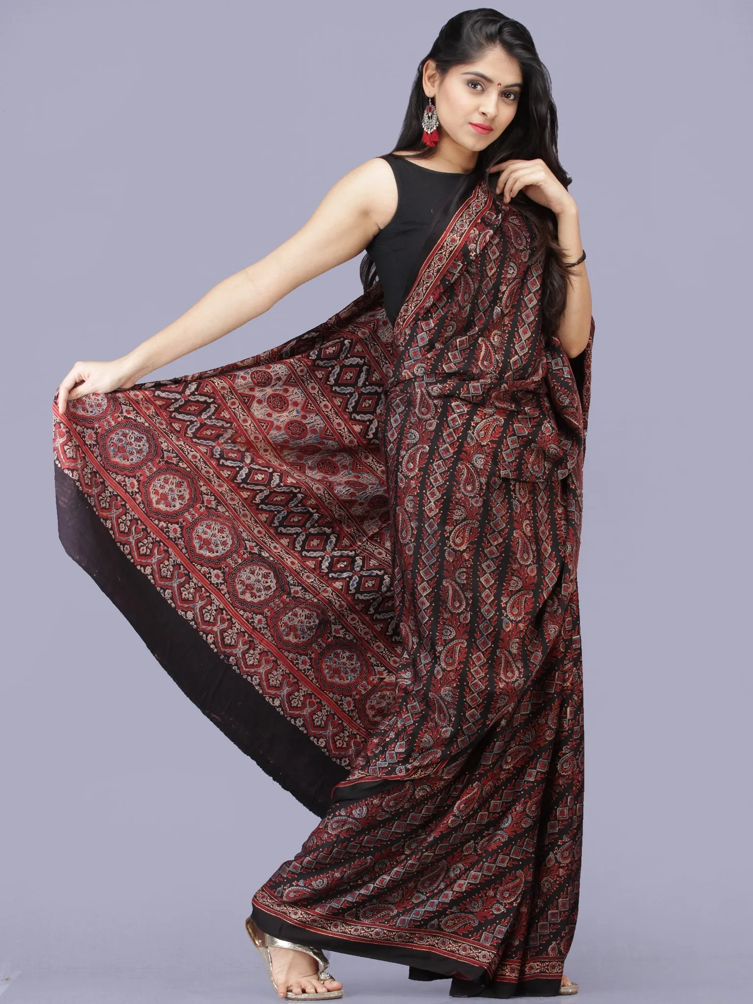 Maroon Black Indigo Ajrakh Hand Block Printed Modal Silk Saree - S031704200