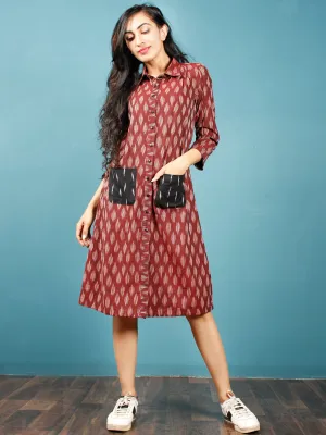 Maroon Black White Ikat Handwoven Shirt Dress With Front Pockets - D239F965