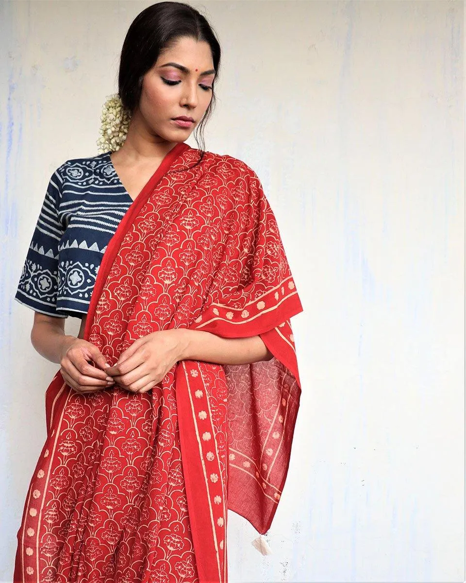 Maroon Block Printed Cotton Mul Saree - God