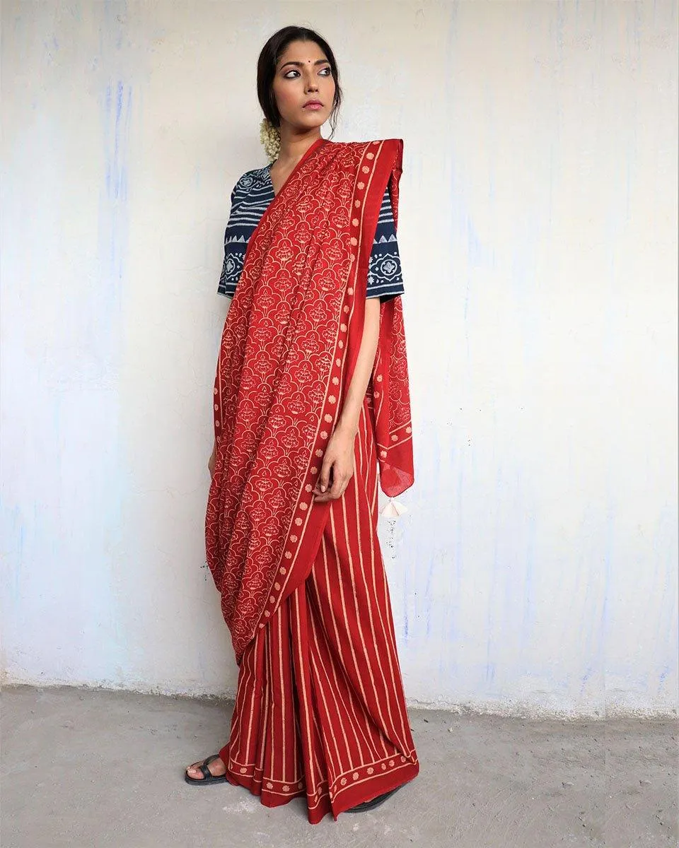 Maroon Block Printed Cotton Mul Saree - God