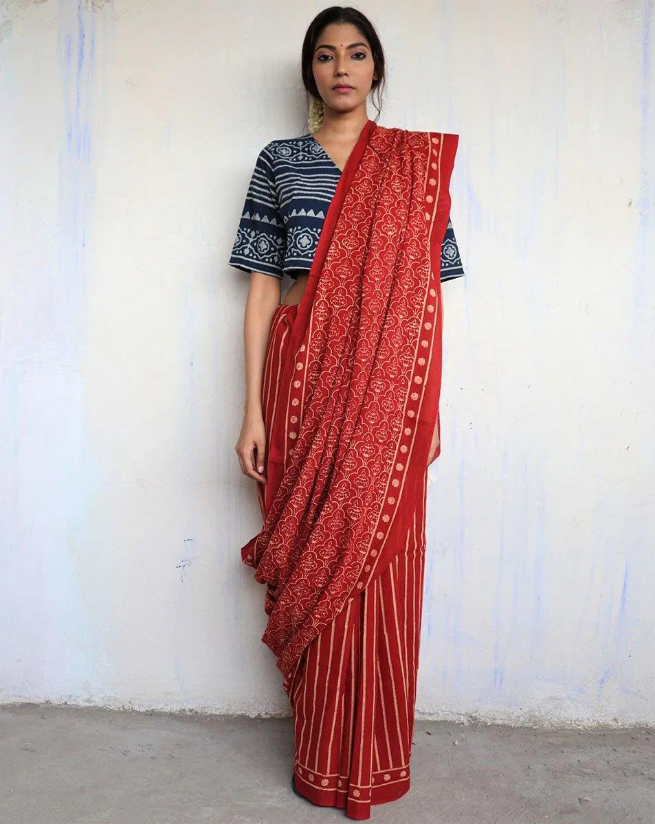 Maroon Block Printed Cotton Mul Saree - God