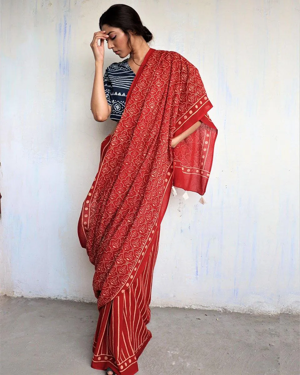 Maroon Block Printed Cotton Mul Saree - God