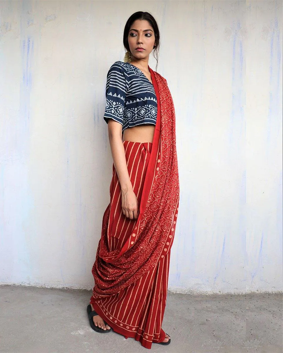 Maroon Block Printed Cotton Mul Saree - God