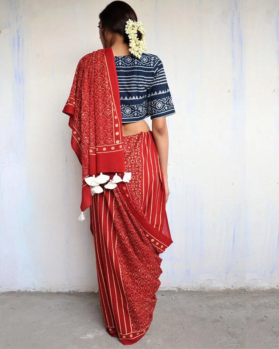 Maroon Block Printed Cotton Mul Saree - God