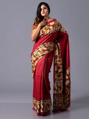 Maroon Block Printed Ghicha Silk Saree