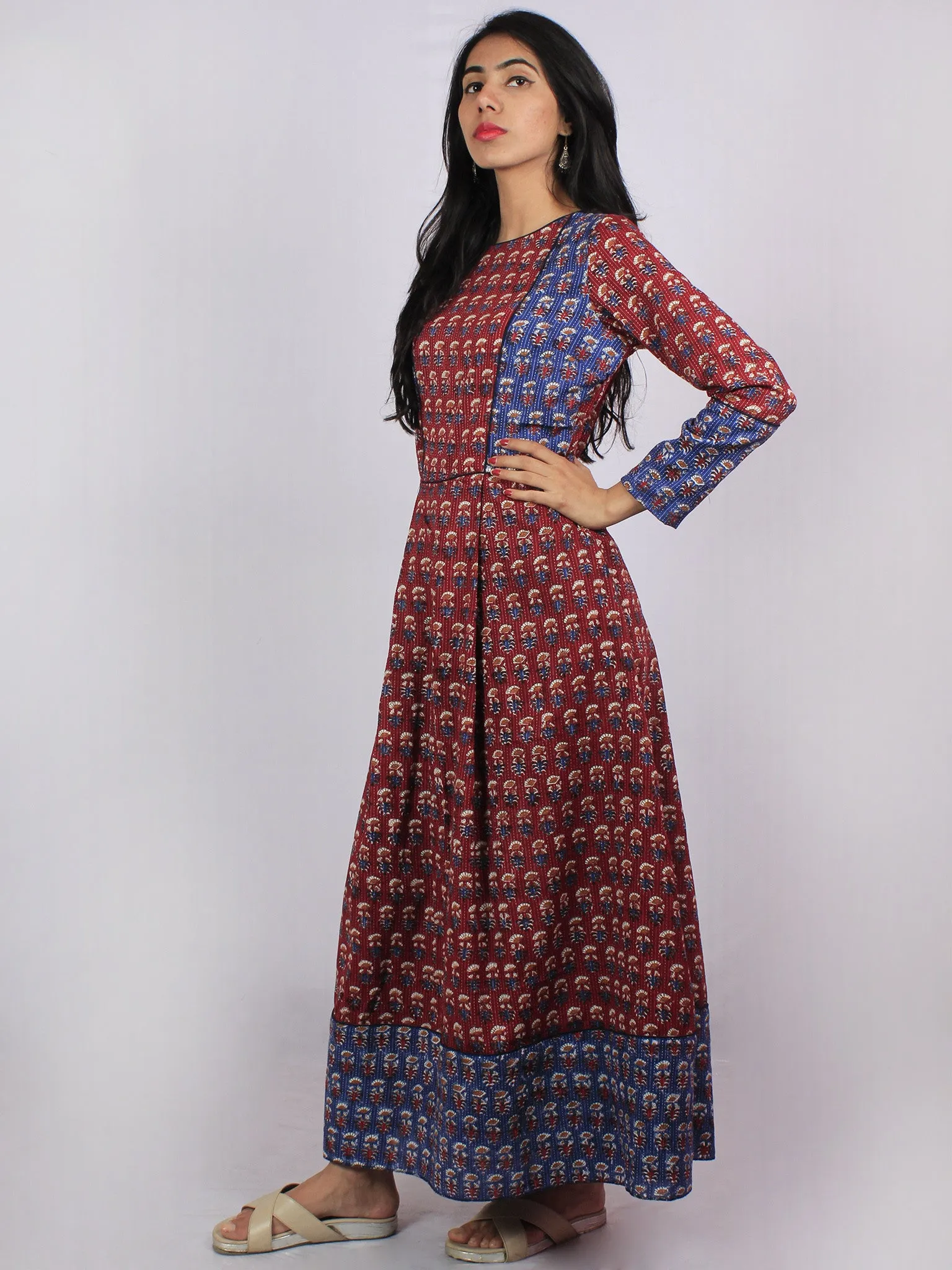 Maroon Blue Ivory Brown Hand Block Printed Kantha Stitched Long Cotton Dress With Box Pleats & Side Pockets - D2556104