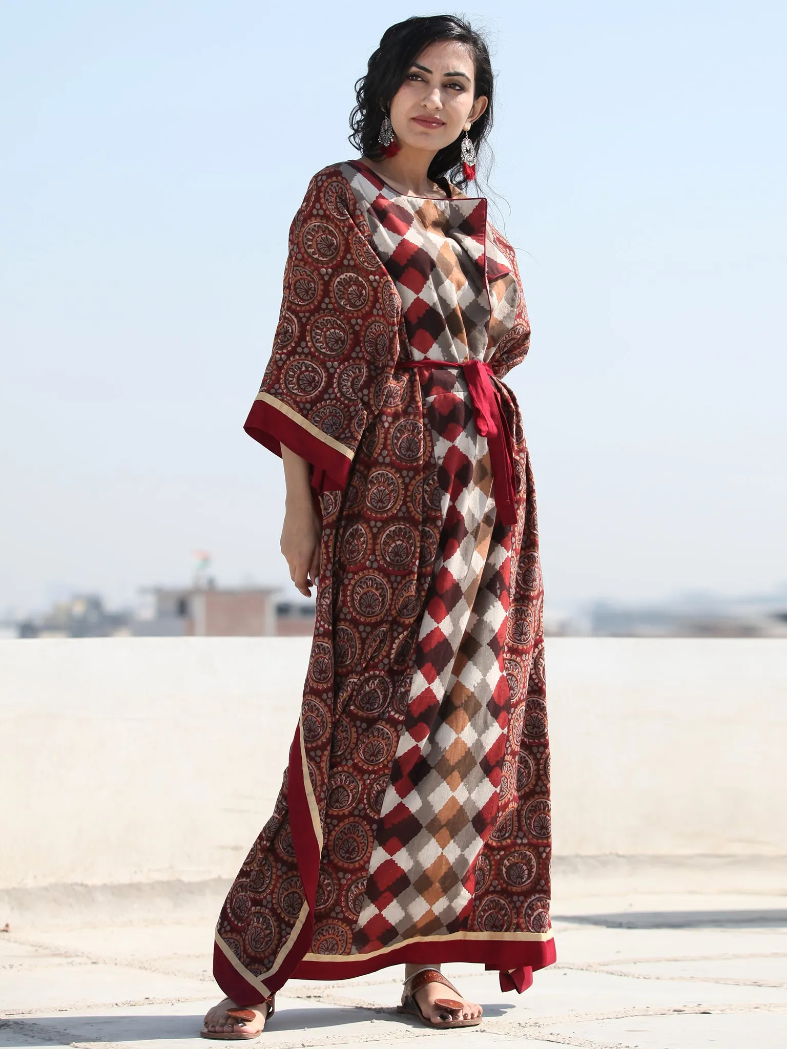 Maroon Brown Hand Block Printed Fold Over Collar Kaftan - K125F1834