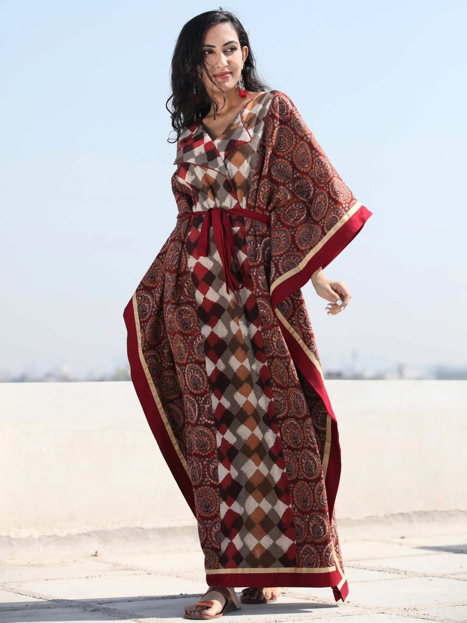 Maroon Brown Hand Block Printed Fold Over Collar Kaftan - K125F1834