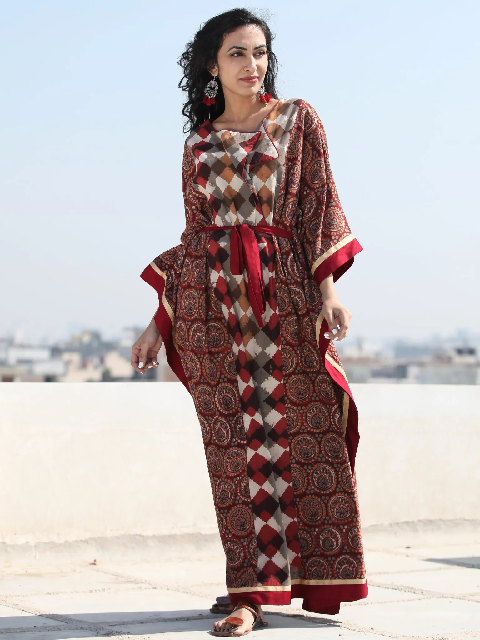 Maroon Brown Hand Block Printed Fold Over Collar Kaftan - K125F1834