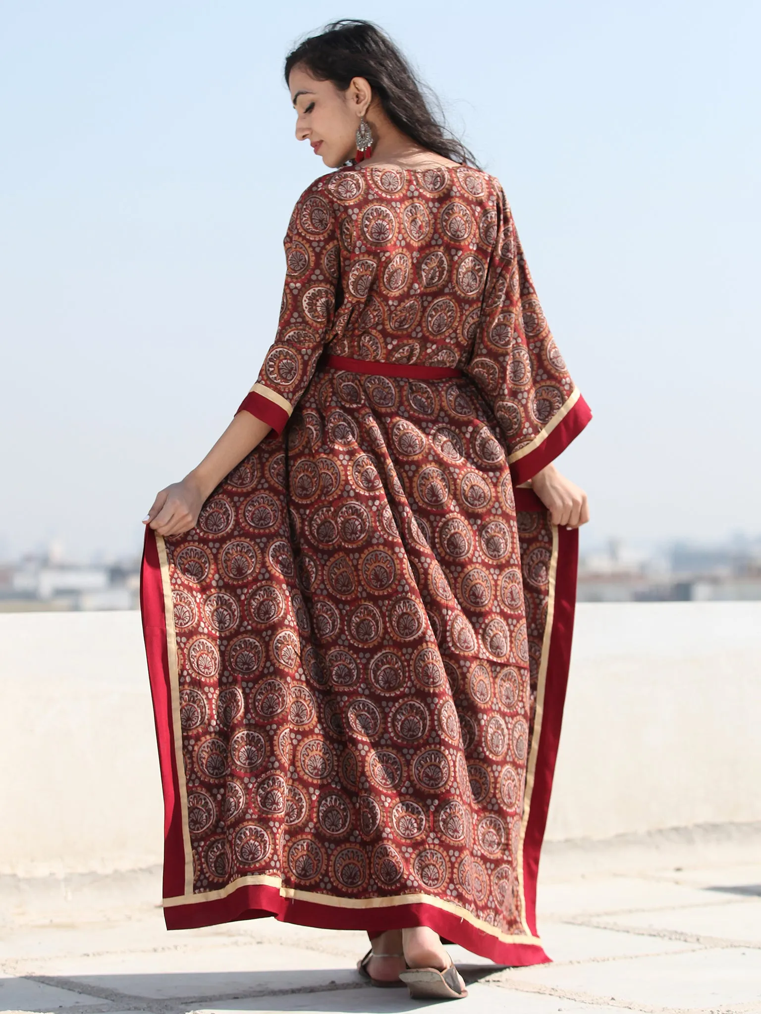 Maroon Brown Hand Block Printed Fold Over Collar Kaftan - K125F1834