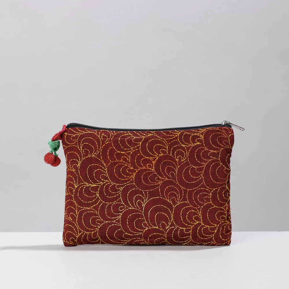 Maroon - Chandi Maati Kantha Work Cotton Cosmetic Pouch