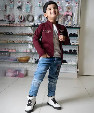 Maroon Color Jacket with Fancy White T-Shirt for Boys