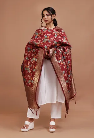 Maroon Color Semi Silk Dupatta With Zari Weaving