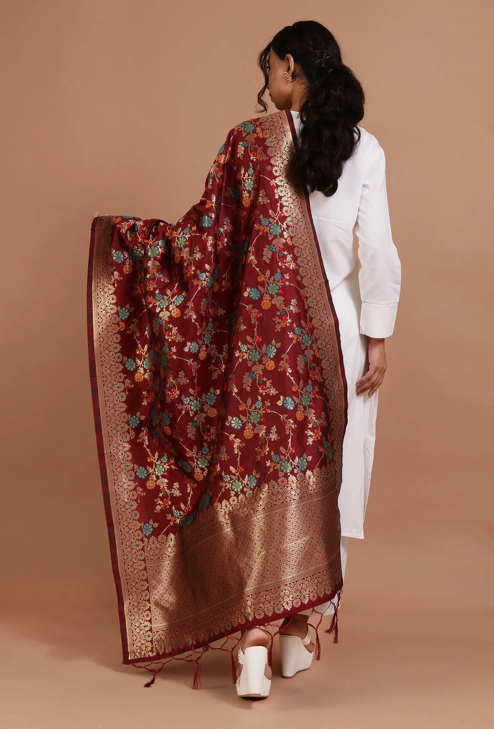 Maroon Color Semi Silk Dupatta With Zari Weaving