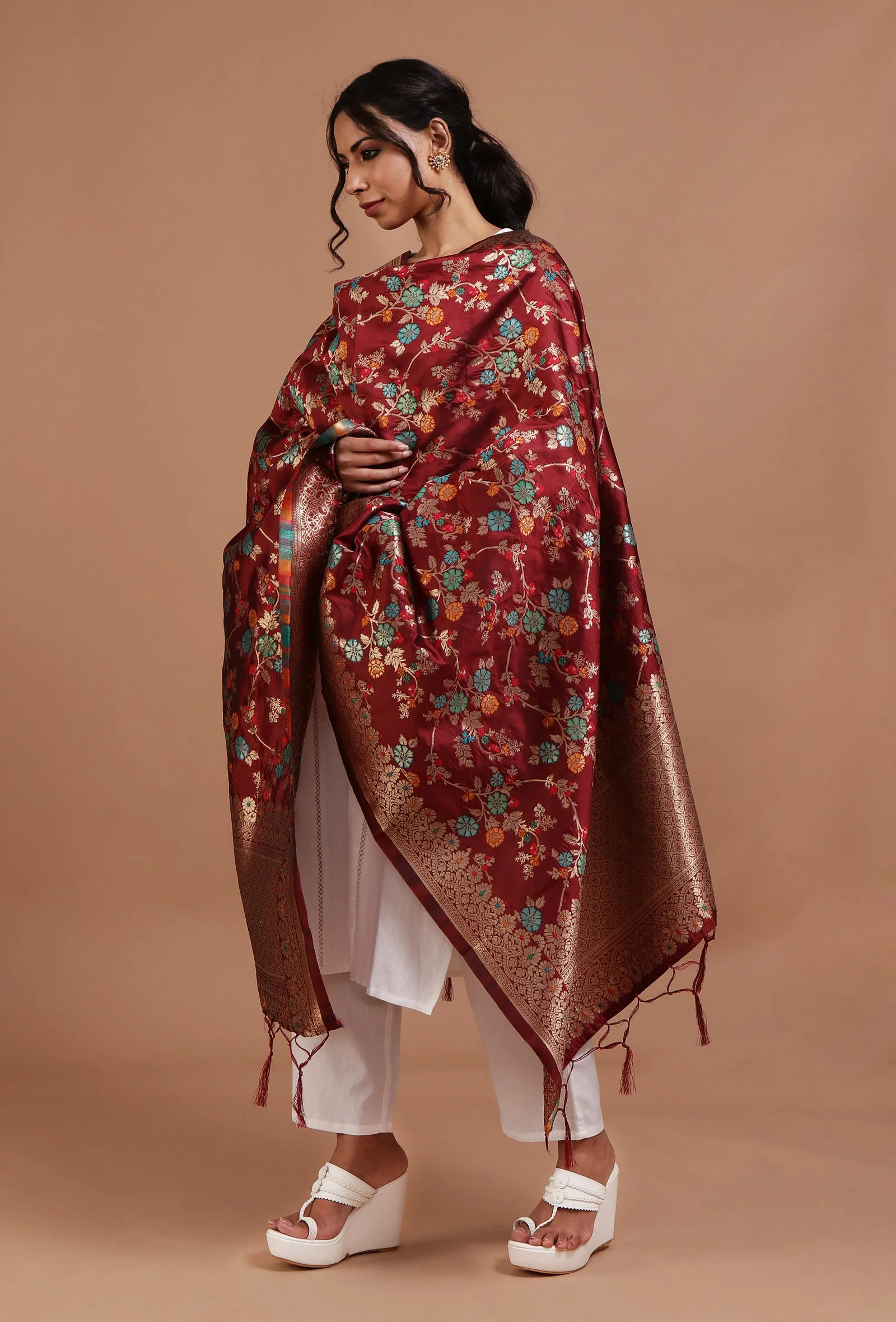 Maroon Color Semi Silk Dupatta With Zari Weaving