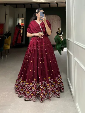 Maroon Color Thread Embroidery Work Vichitra Silk Lehenga Choli