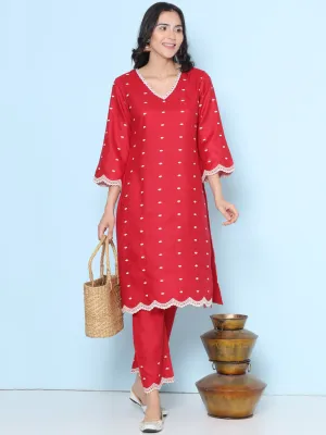 Maroon Colour Embroidered Kurta With Maroon Solid Trousers