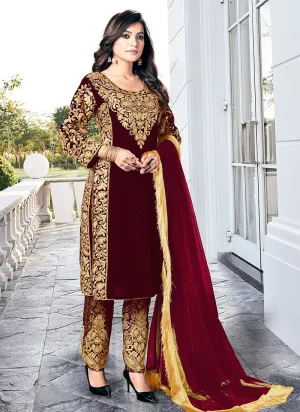 Maroon Embroidered Pakistani Pant Suit